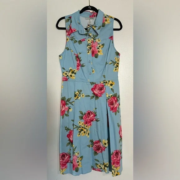 Unique Vintage Light Blue & Blooming Floral Print Button Up Swing Dress NWT L - Picture 2 of 10